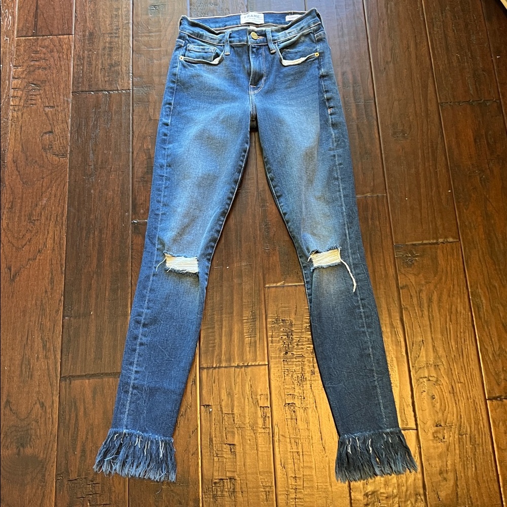Frame Le Skinny De Jeanne Denim Raw Freyed Hem Distressed Jeans Size 25